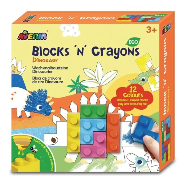Avenir - Blocks 'N' Crayons Dinosaurios 12pk + 2 Hojas Dibujo Temática (Eco-Friendly)